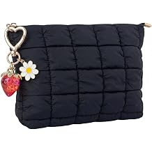 Black Puffer Quilted Makeup Bag for Women with Strawberry Keychain - 10" Roomy Puffy Cosmetic Pouch, Travel Toiletry Organizer Bag BK-Sty-R