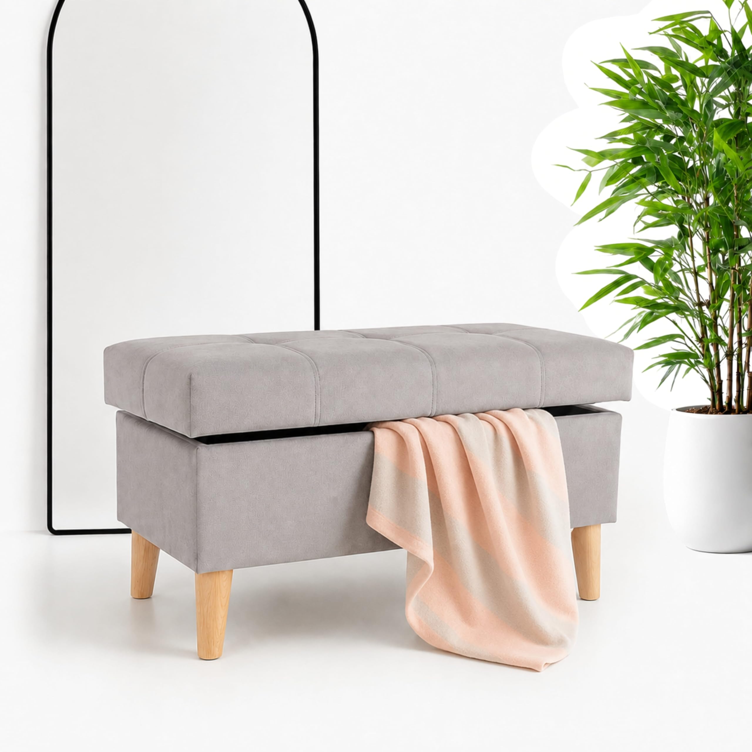 Outentin Gepolsterter Velvet Puff – Hocker & Sitzwürfel mit Stauraum, klappbarer Fusshocker und Fußablage für Wohnzimmer & Flur – Stabiler Sitzhocker mit Buchenfüßen, 70 × 42 × 37 cm, Grau Ottoman