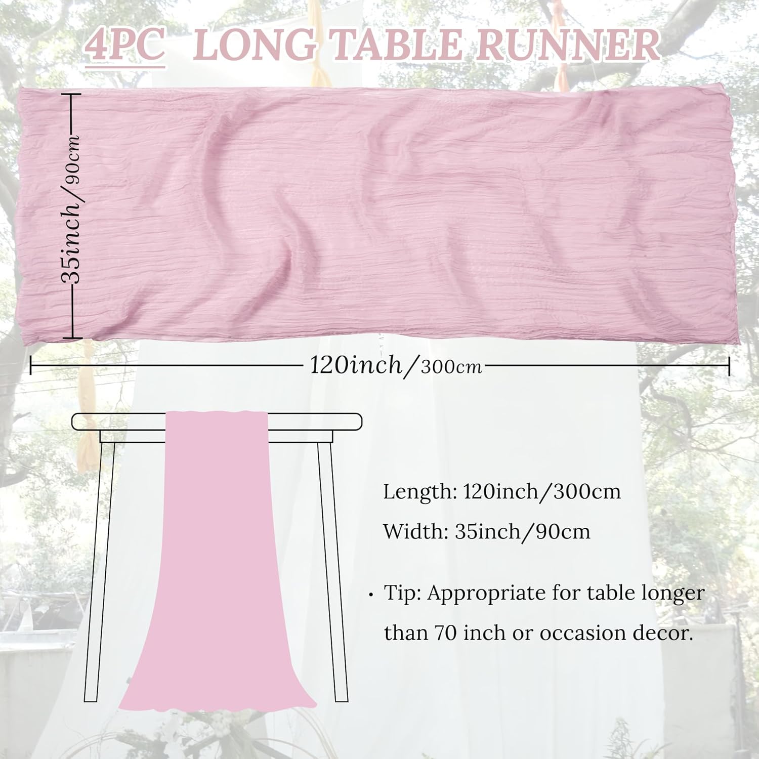 4 Pack Pink 10ft Cheesecloth Table Runner, Boho 35x120 Inch Long, Gauze Table Runner Decor for Baby Shower Bridal Shower or Wedding Party
