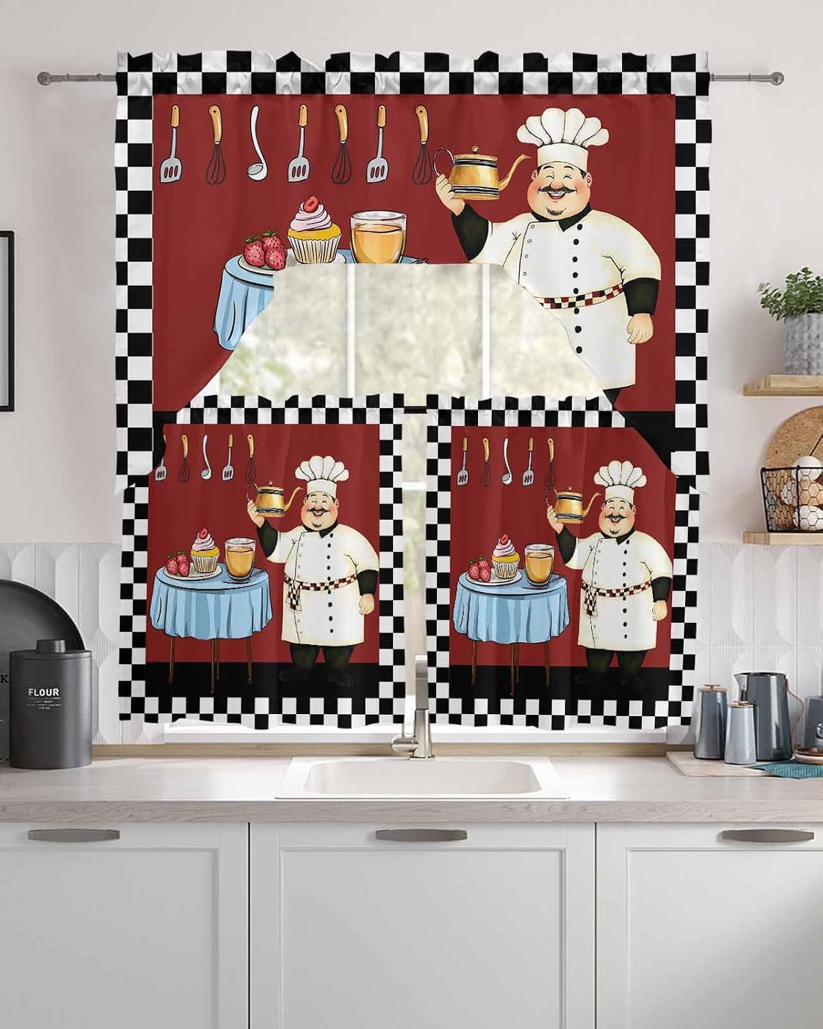 Red Chef Swag Kitchen Curtains Valance and Tier Set 36 Inch Length, Black White Check Rod Pocket Swag Curtains for Living Room Bedroom Bathroom Window Drapes 3 Piece