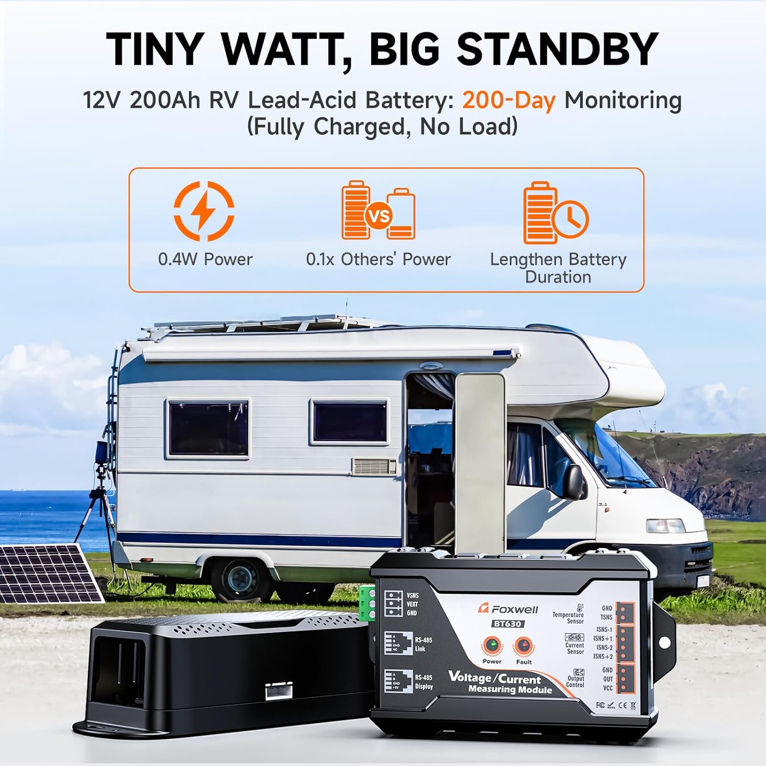 FOXWELL BT630 connected to an RV battery system with solar panel