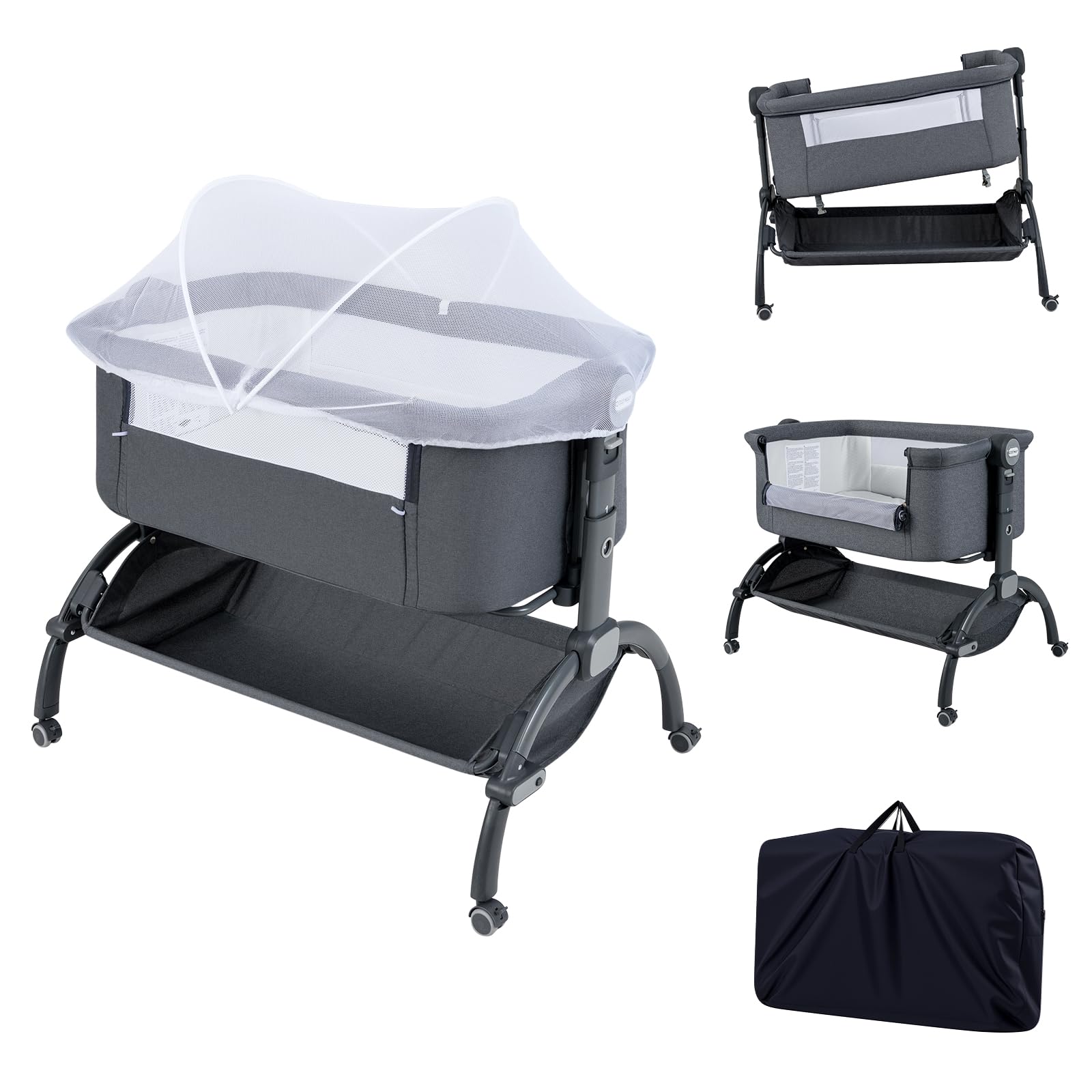 COSTWAY Culla Neonato, Culla Co-Sleeper Regolabile in Altezza a 7 Livelli, Ruote Bloccabili, Cesto Portaoggetti, Materasso e Baldacchino, Lettino Portatile e Pieghevole per Neonati 0-6 Mesi (Grigio)