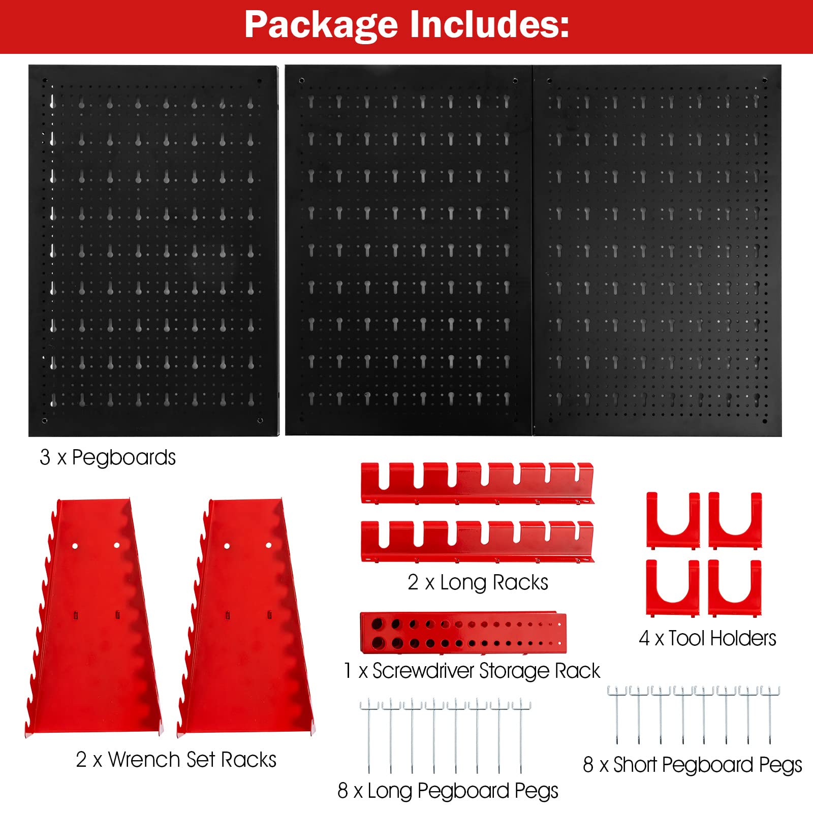 GOPLUS Organizador de Herramientas 120 x 60 cm, con 28 Accesorios con Ganchos y Soportes, Tablero Perforado de Metal para Llaves Inglesas y Taladros, Estante de Pared para Garaje, Taller