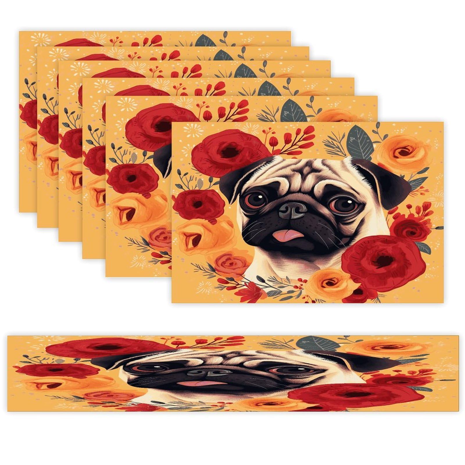 Pug Flower Table Runner and Placemats Set of 6 for Kitchen Washable Table Mats Heat Resistant Place Mats Non-Slip Place Mat Wipeable Placemat(6 Placemats+1 Table Runner)