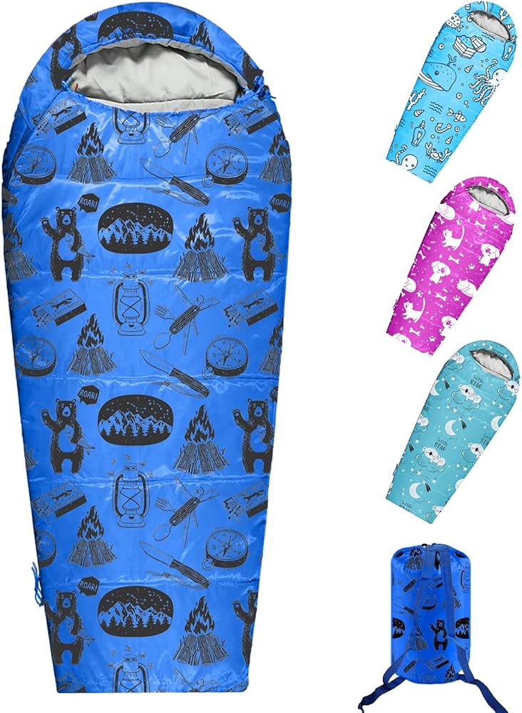 KidzAdventure Mummy Style 32 – 59F Kids Sleeping Bag with Pillow Sleeve, 4 Season, Lightweight and Backpacking Style, Ideal for Camping, Sleepover, Boys, Girls, and Youth