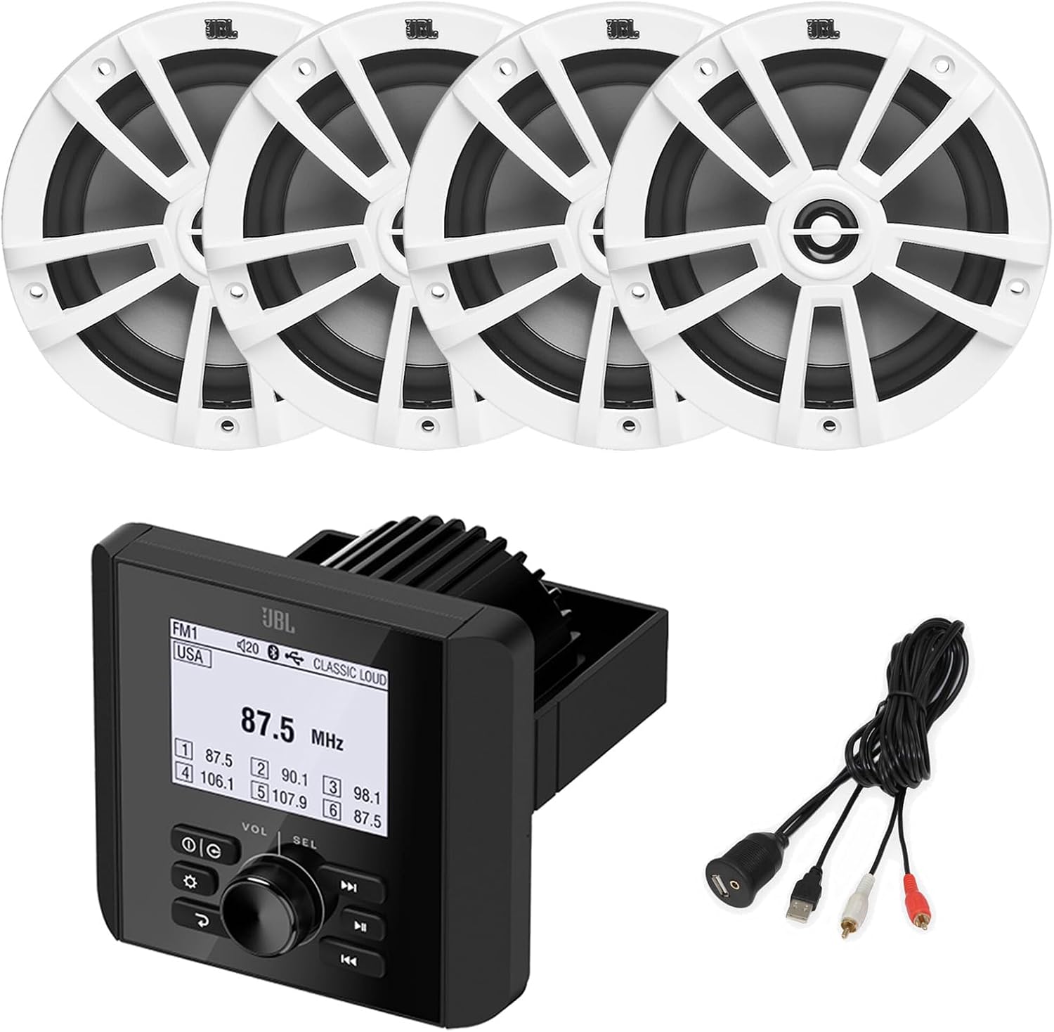 Marine Bluetooth AM/FM Radio Digital Media Receiver, 4X 6.5 180 Watt Max Power 2-Way Multi-Element Boat Audio White Speakers with USB to AUX Adapter