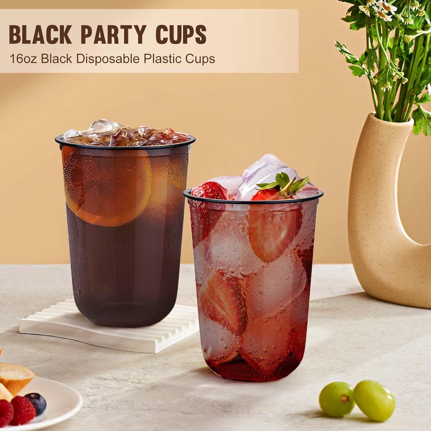 KesaPlan 50 Pcs Black Plastic Cups, 16oz Disposable Stemless Wine Glasses for Cocktail Cute Clear Cocktail Wine Glasses Black Party Cups for Meeting Wedding Halloween Holiday Party - Image 4