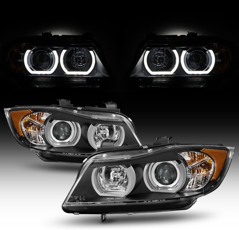AKKON - For 2006-2008 BMW E90 3-Series Sedan [HID|AFS model] Black Bezel Dual U-LED Ring Projector Headlights