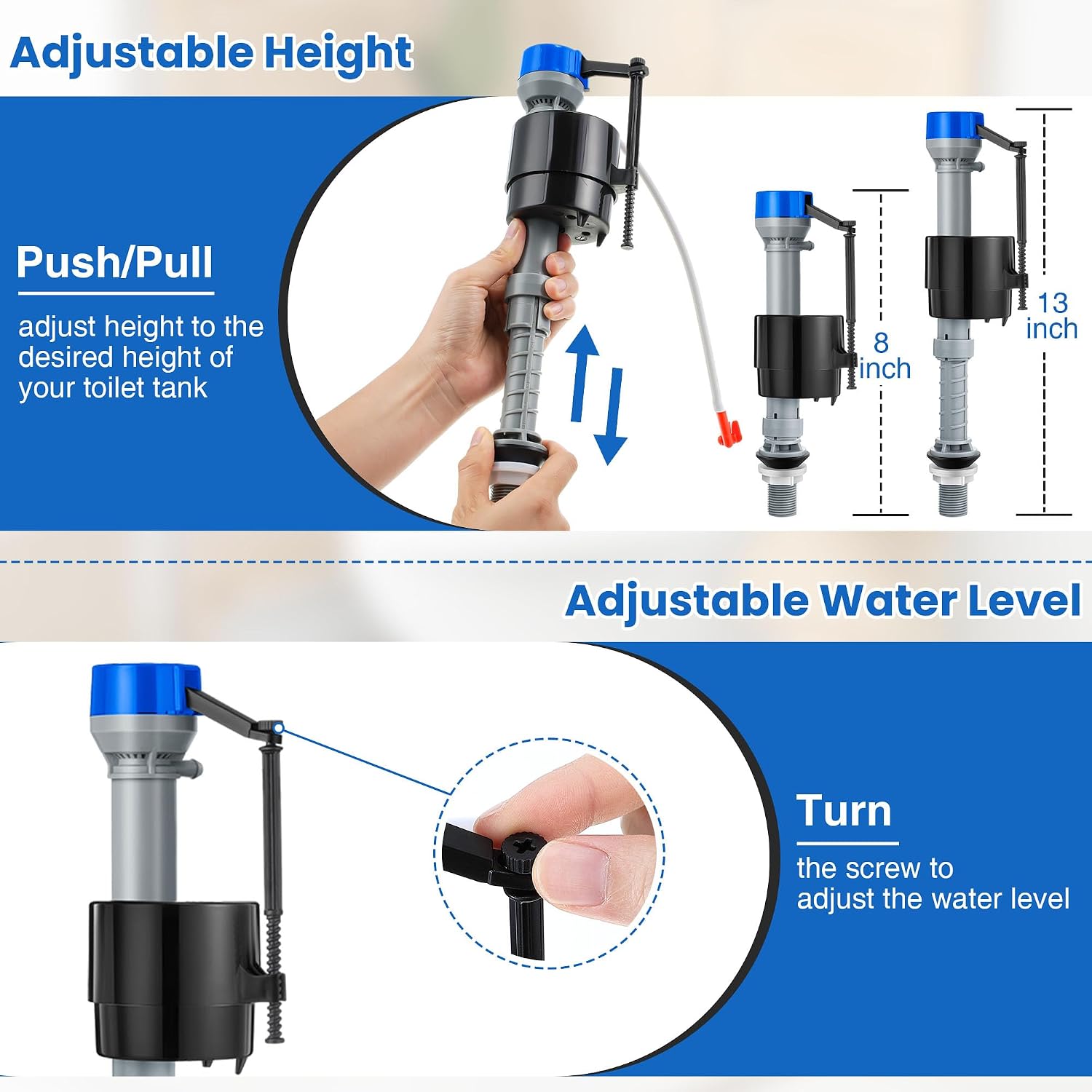 Saillong Universal Toilet Flusher Replacement Kit, Fill Valve, 2-Inch Flapper, Side Mount Handle Lever, Water-Saving, Adjustable Toilet Repair Kit Inside Tank, Easy to Install(1 Set,Blue Grey, Blue) image 3