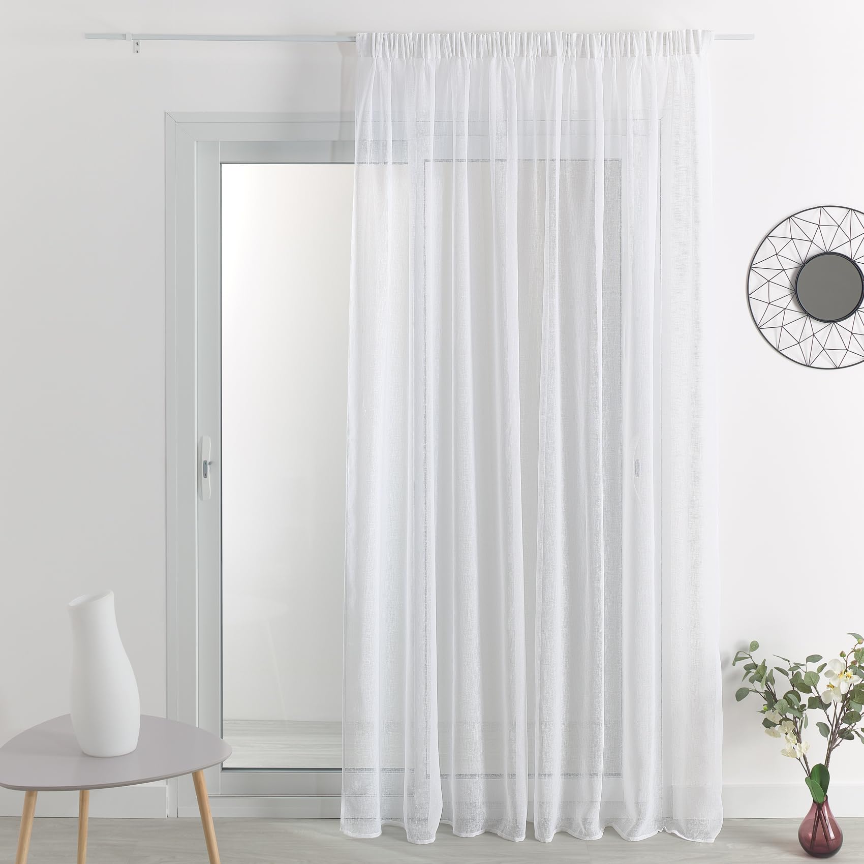 Voilage Effet Lin à Galon Fronceur - Polyester - Transparent Tamisant - Prêt à Poser pour Fenêtre Salon, Chambre, Cuisine - 290 x 180 cm - Blanc