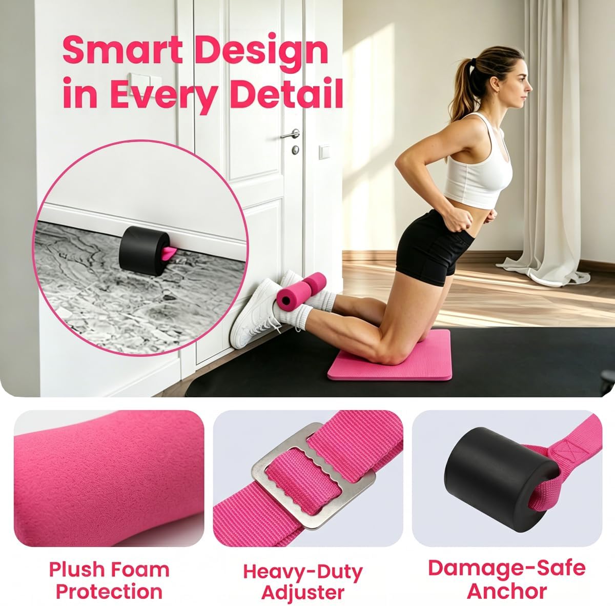 Nordic Curl Strap with Knee Mats,Maximum Load 420 lbs | Installs under any door for nordic hamstring curl training,1 inch ergonomic foam for sit ups, core workouts, and recovery