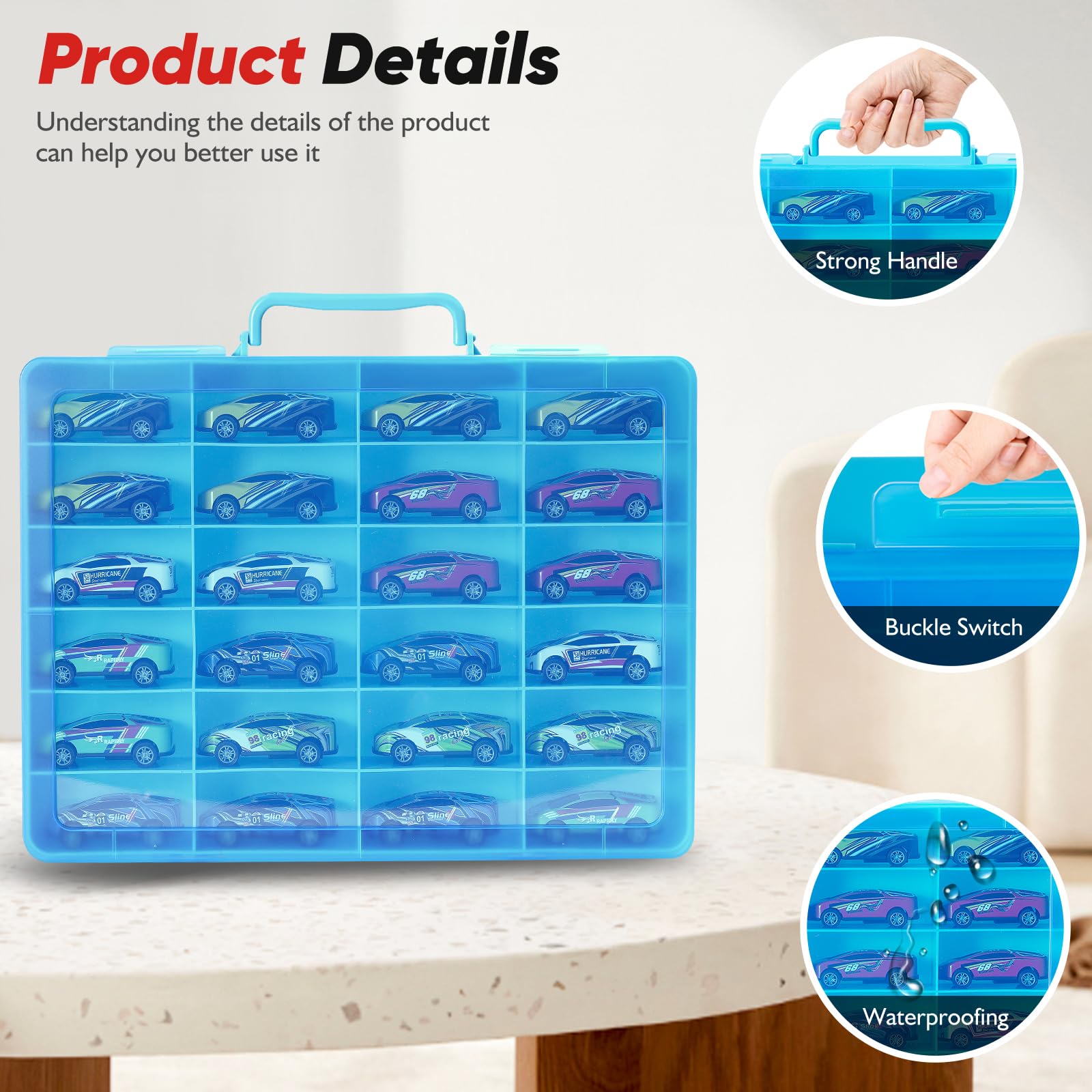 RHCOM Toy Storage Organizer Case for Hot Wheels Car for Matchbox Cars for Mini Toys for Small Dolls. Carrying Box Container Carrier with 24 Compartments.(Box Only) (Blue) - Image 2