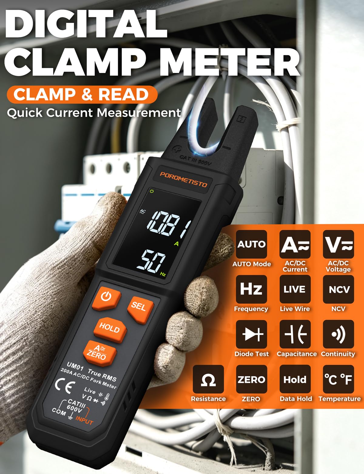 Pinza Amperometrica Professionale UM01 Morso a U POROMETISTO 4000 TRMS | Milliampere Multimetro Digitale Autorange, Auto-ID AC/DC, NCV, Live, Resistenza, Capacità, Temperatura, 1000V Tester