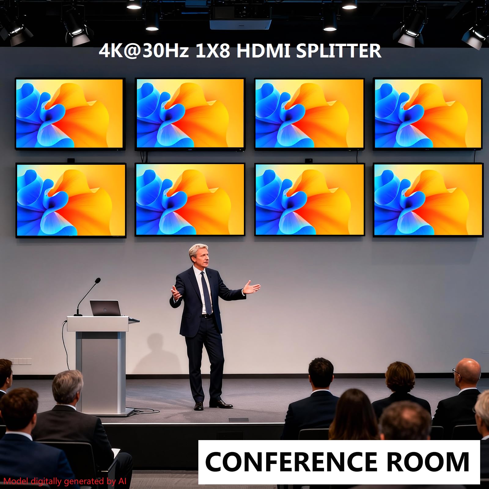 Splitter HDMI 1 en 8 Out-4K HDMI Splitter 1X8 HDMI Splitter -8 Sortie HDMI Splitter - Diviseur HDMI alimenté avec adaptateur CA, compatible avec 4Kx2K@30Hz、3D, pour exposition, présentation,