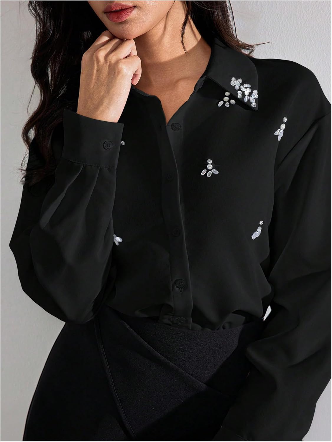 SweatyRocks Women's Long Sleeve Button Down Shirts Blouses Rhinestone Business Work Tops - Image 4