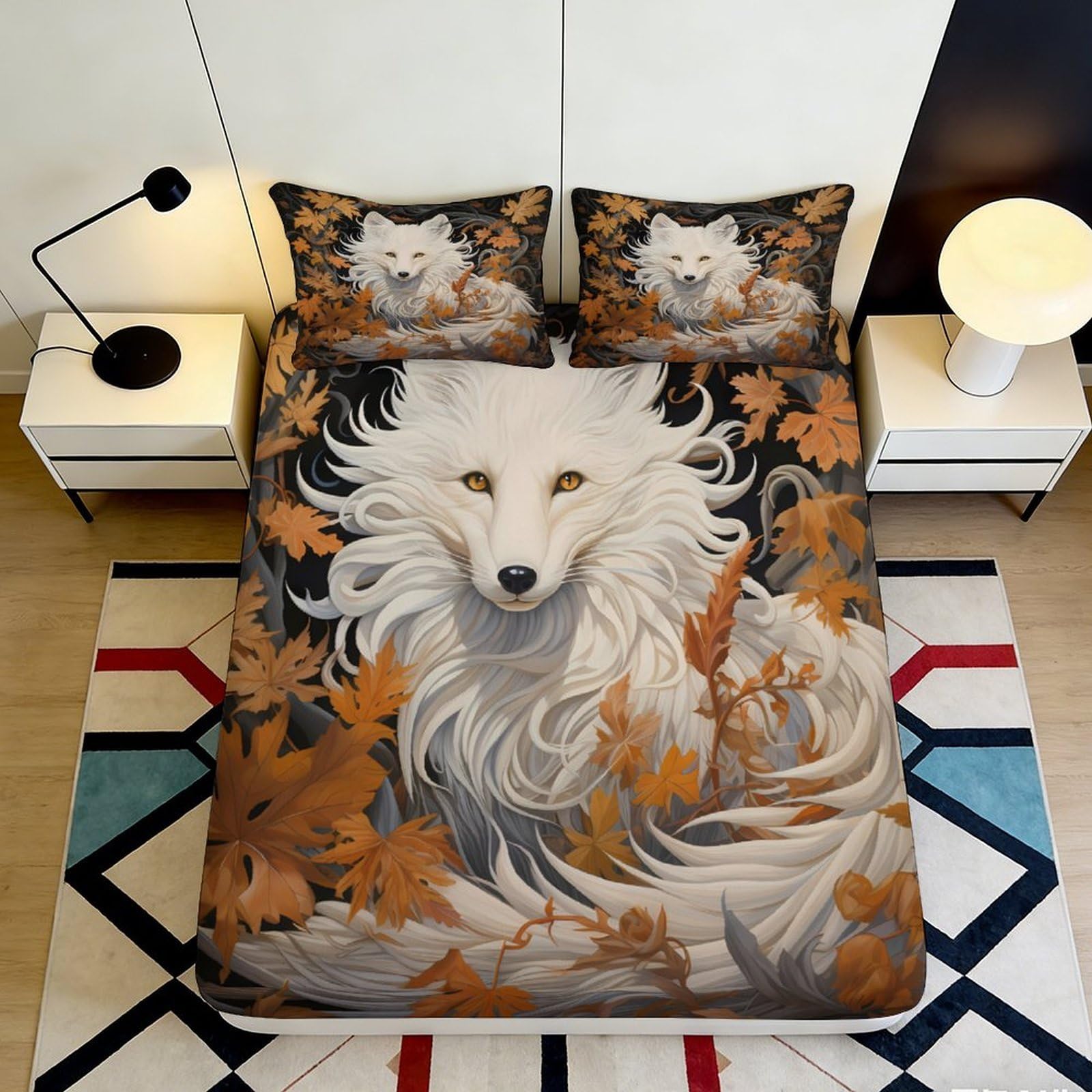 3D Printed White Fox Autumn Leaves Fitted Sheet Microfiber Soft Bed Cover for Bedroom Dorm Mattress Decor 90x200x25cm