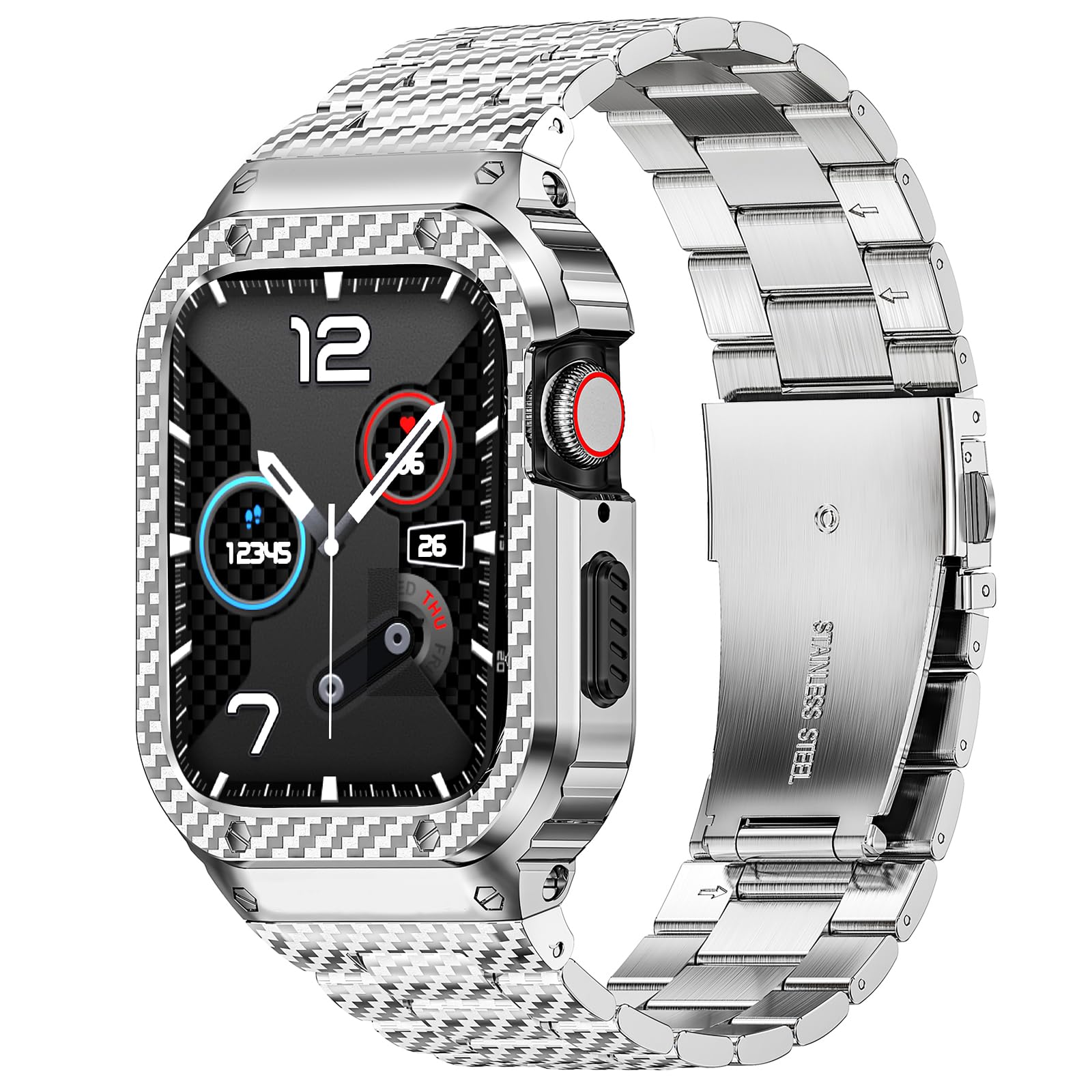 MioHHR Stainless Steel Band and Case Compatible with Apple Watch Band 45mm, Men Metal Protective Bumper Cover for iWatch Series 9/8/7, Silver Pattern