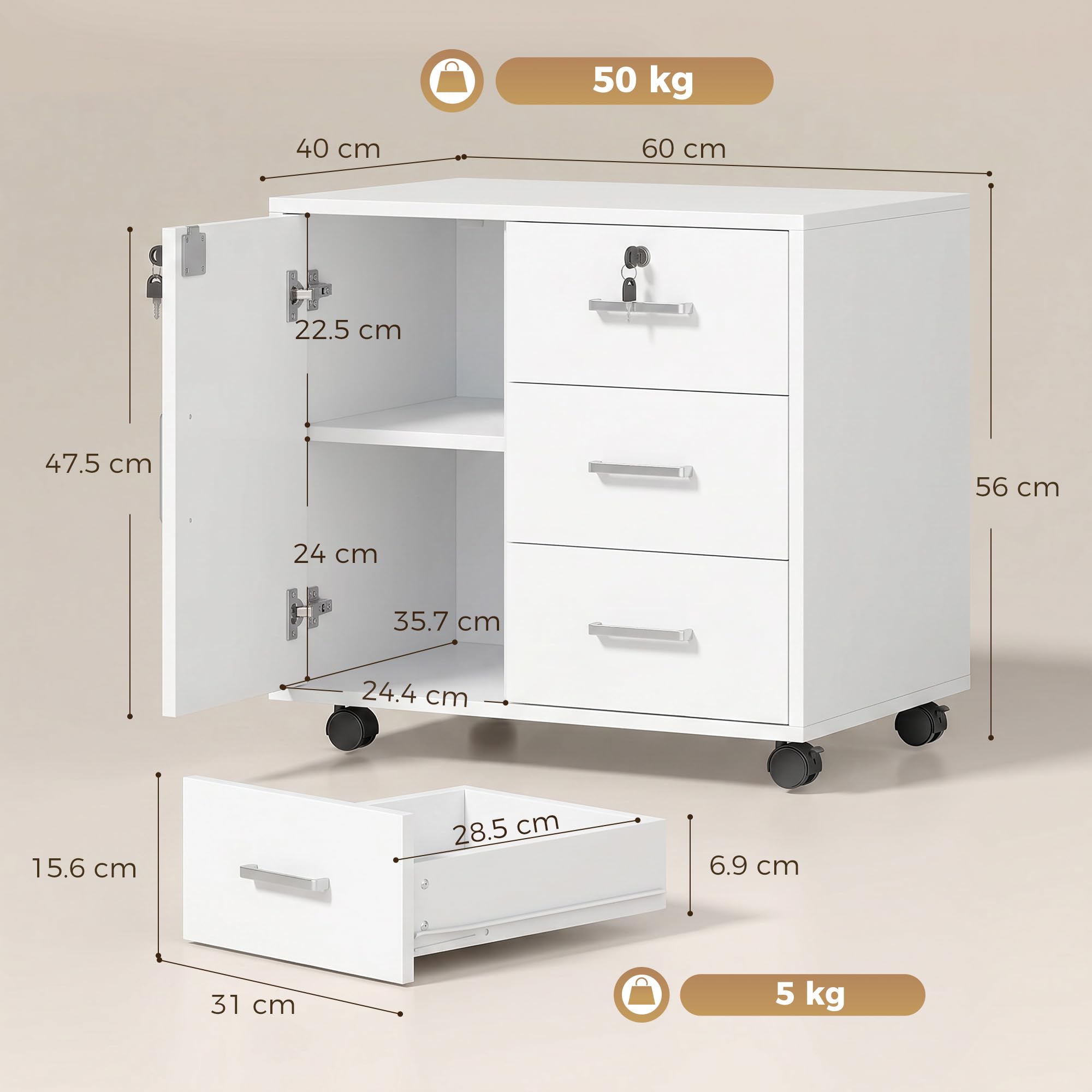 HOMCOM Schedario per Ufficio con 3 Cassetti e Armadietto con 3 Ripiani Regolabili, Cassettiera Portadocumenti in Truciolato, 60x40x56 cm, Bianco