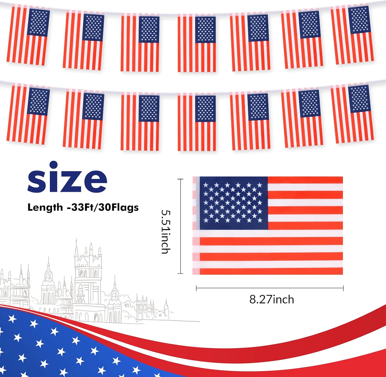 American Flag Banner, Small Mini US USA Flags Patriotic Decoration for 4th of July, Party, Classroom, Sports Events, 33 Feet 30 Flags