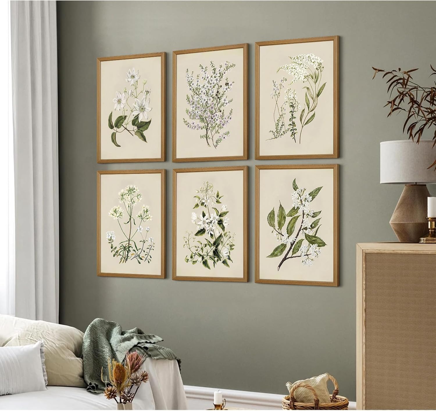 Baccone Vintage Botanical Wall Art Set of 6 Neutral Floral Canvas Wall Decor Wildflower Wall Art Watercolor Flower Prints Botanical Poster Minimalist Plant Pictures for Bedroom Room 12x16 Inch Framed