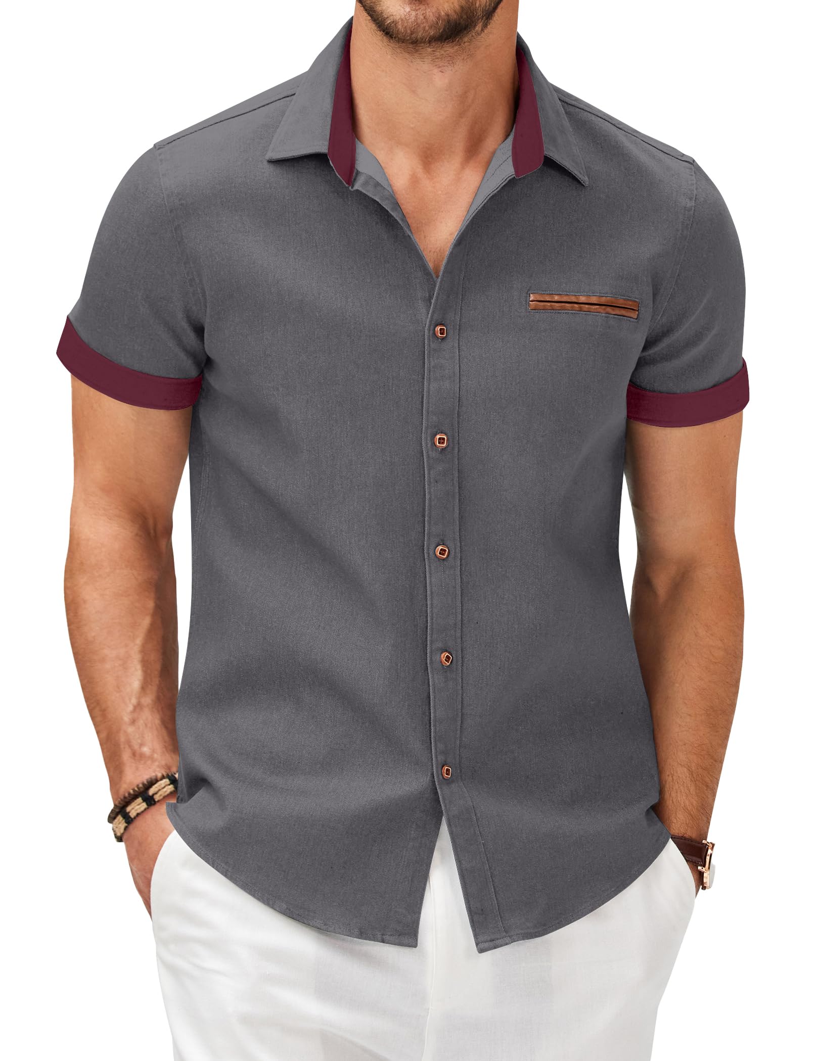 Coofandy Denim Shirt, Short Sleeve Men's Shirt, Cowboy Style Buttons, T-Shirt, Casual, Denim Checked Kent, Collar Shirt, Regular Fit