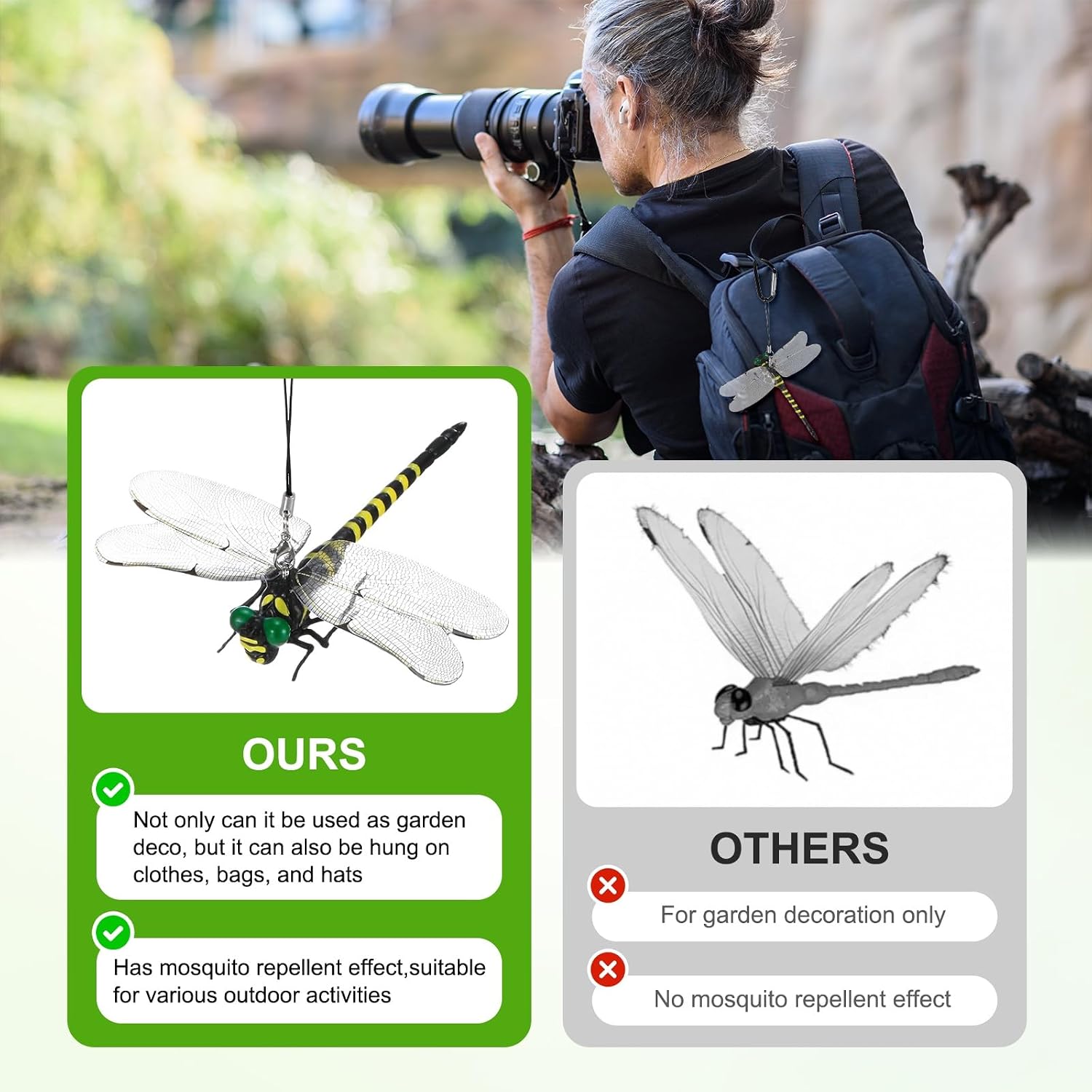 M METERXITY 2 PCS Dragonfly Clip, 4.65" x 4.13" 3D PVC Realistic Big Dragon Fly with Hanging Rope for Hat/Backpack/Outdoor Garden Stakes Decor/Yard, Fake Clips on Dragonfly Decoy [Green] image 4