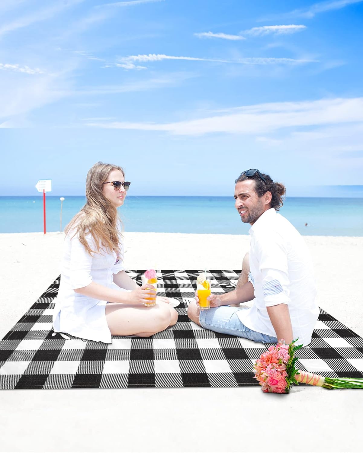 Farm Home Love Quotes Beach Blanket Waterproof Sandproof Outdoor Picnic Mat 108"x84" Black White Buffalo Lattice Lightweight Large Beaach Blankets with 4 Stake & 4 Corner Pockets