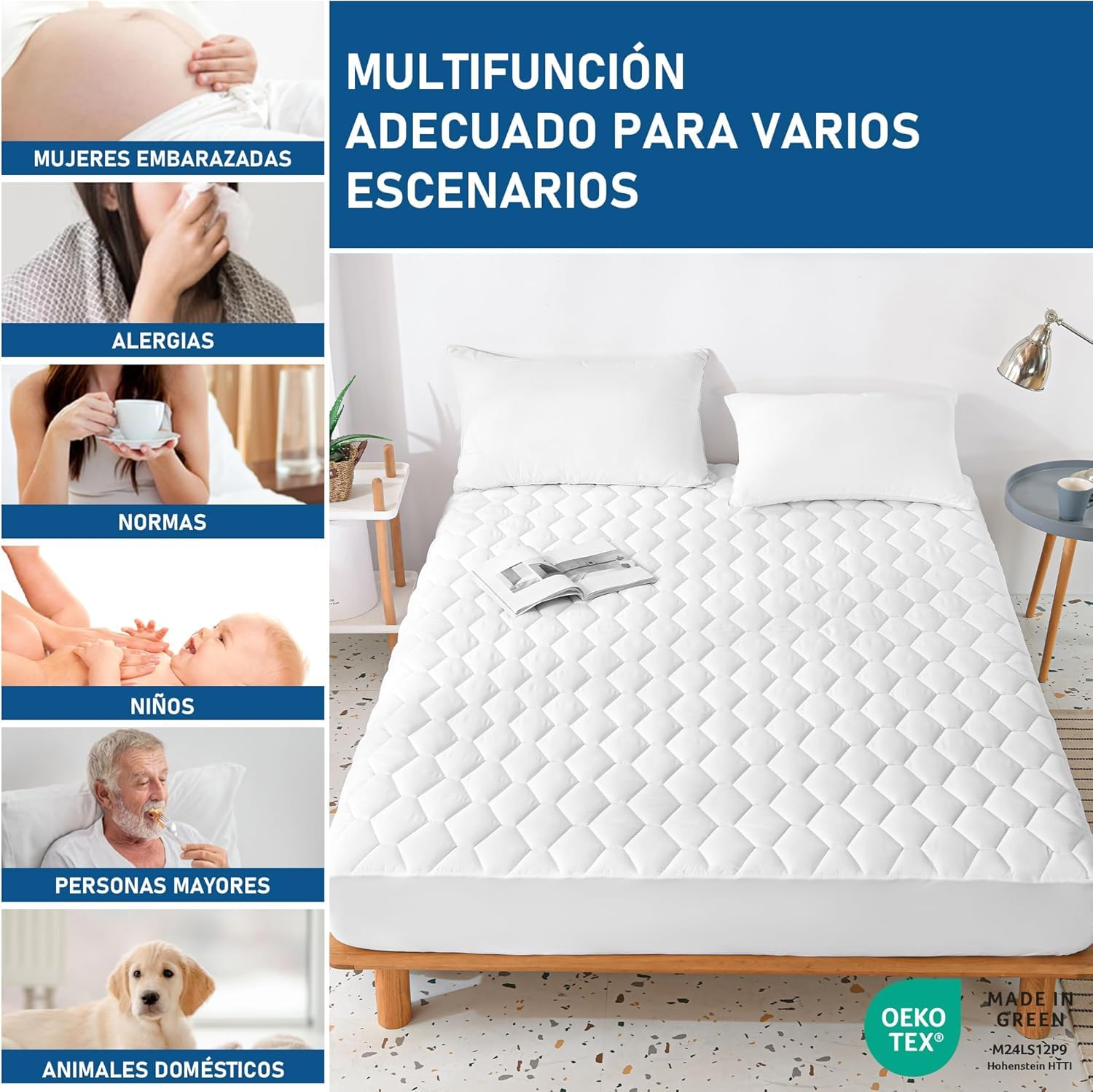 GRT Protector de Colchón Acolchado Impermeable, Cubre Colchón Transpirable Certificado Oeko-Tex, Funda para Colchón Estira hasta 30 cm, Blanco 90x190 cm