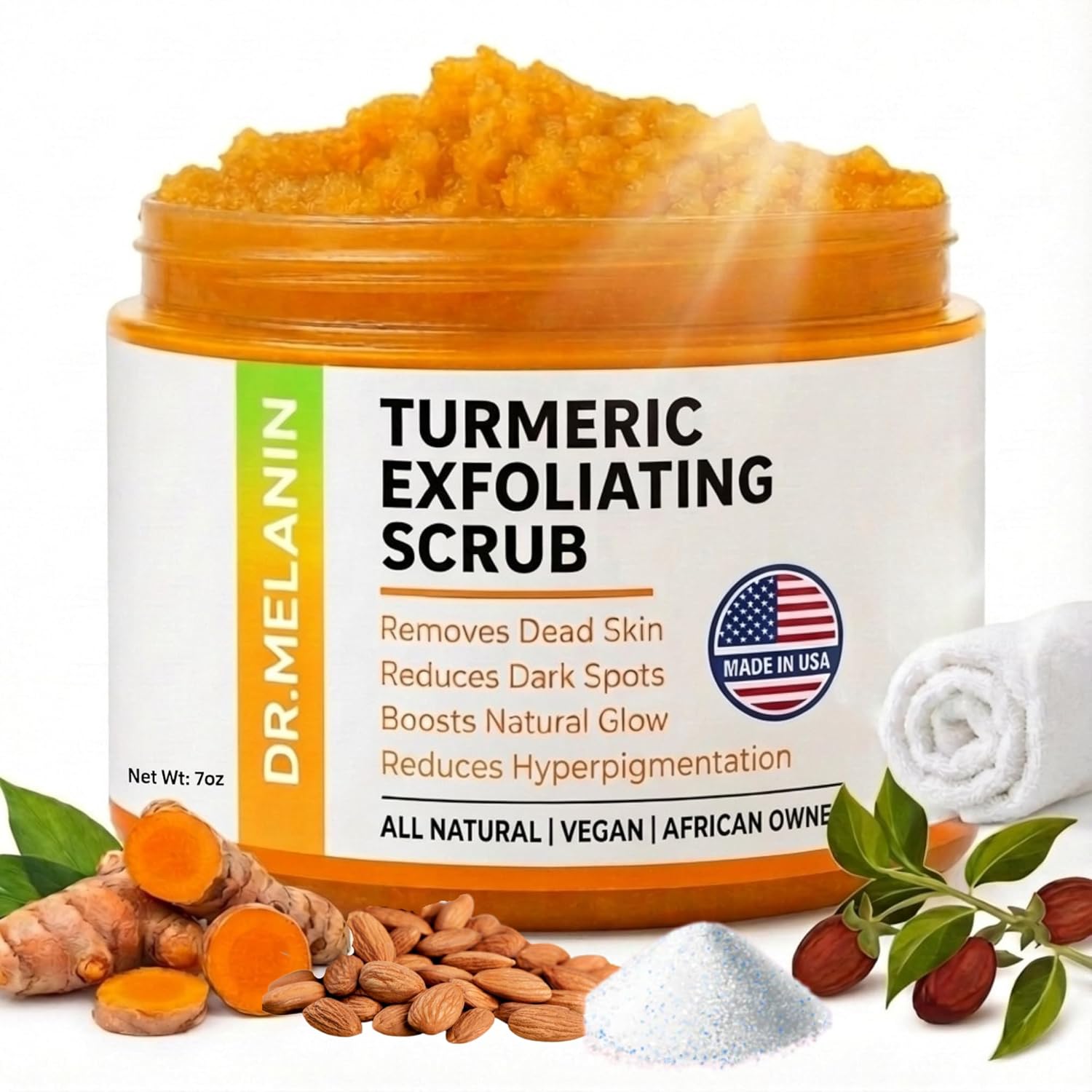 Dr. Melanin Turmeric Exfoliating Body Scrub for Uneven Skin Tone – Sea Salt Scrub with Jojoba, Almond Oil & Vitamin E for Bikini Line, Inner Thighs & Underarms