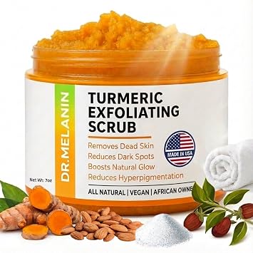 Dr. Melanin Turmeric Exfoliating Body Scrub for Uneven Skin Tone Sea Salt Scrub with Jojoba, Almond Oil & Vitamin E for Bikini Line, Inner Thighs & Underarms