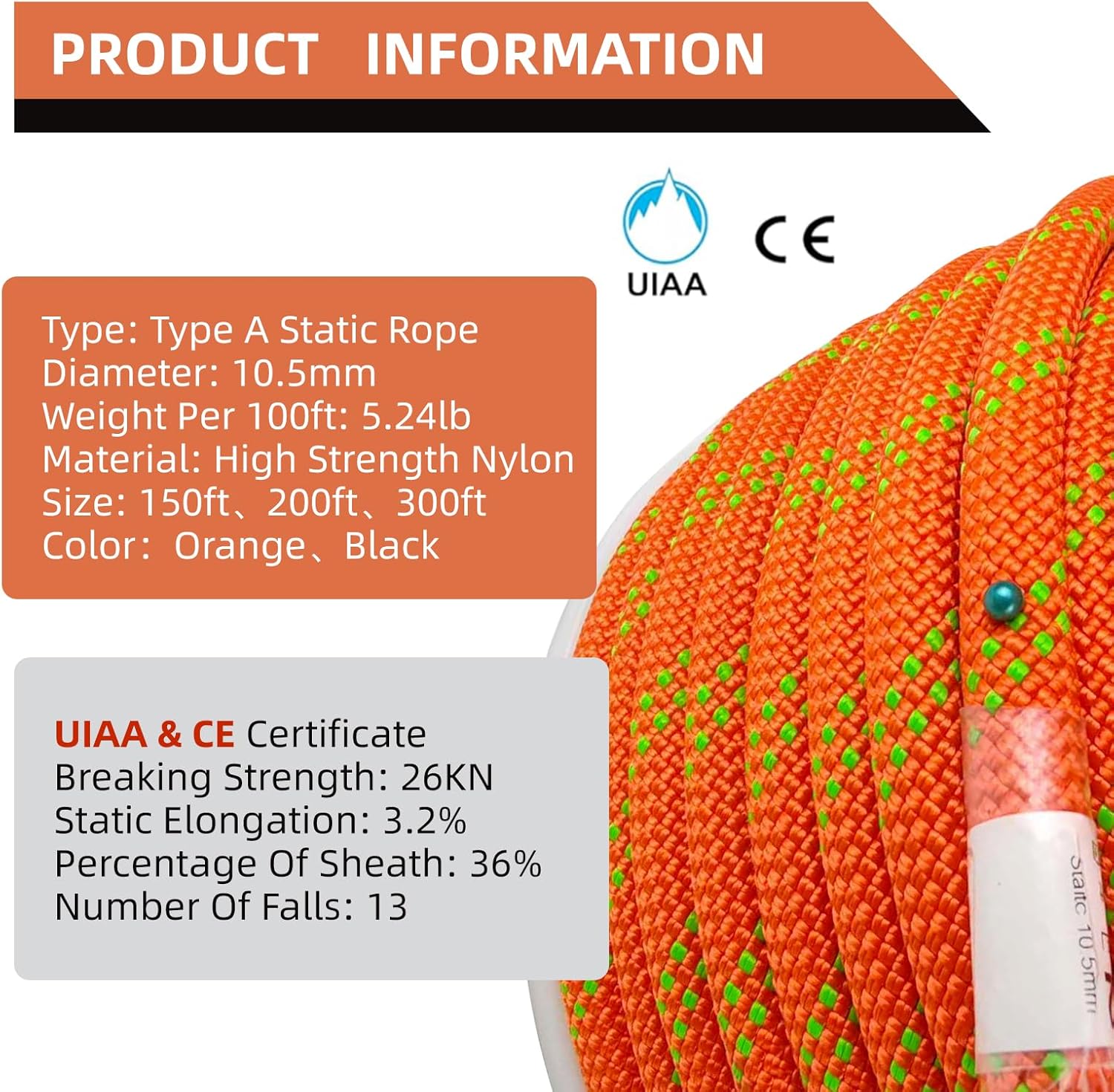 UIAA Static Climbing Rope 10.5mm, 90M(300FT) Nylon Kernmantle Rappelling Rope for Survival Rescue Cord Rock Mountaineering Climbing Hauling