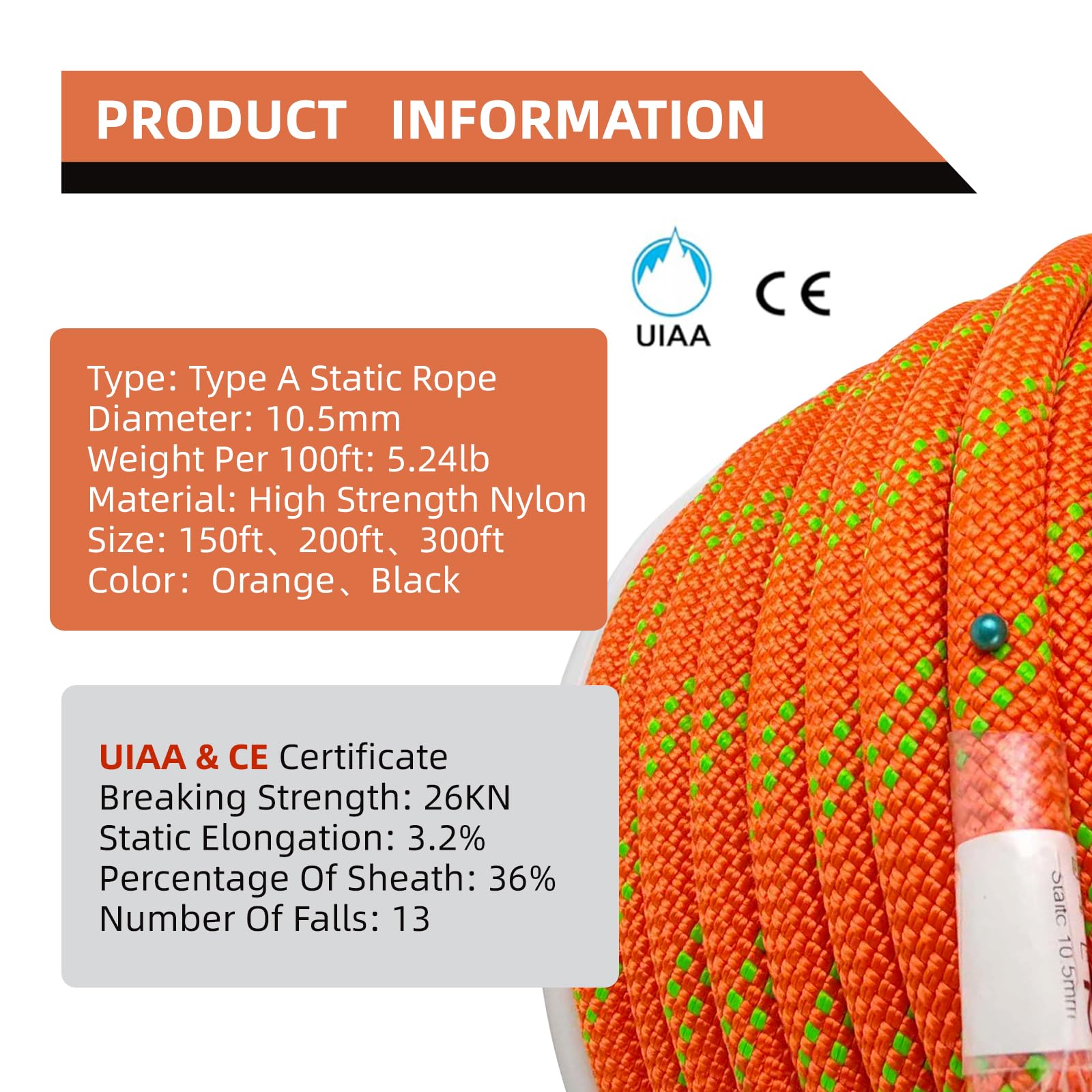 FUEMEILY UIAA Static Climbing Rope 10.5mm, 90M(300FT) Nylon Kernmantle Rappelling Rope for Survival Rescue Cord Rock Mountaineering Climbing Hauling