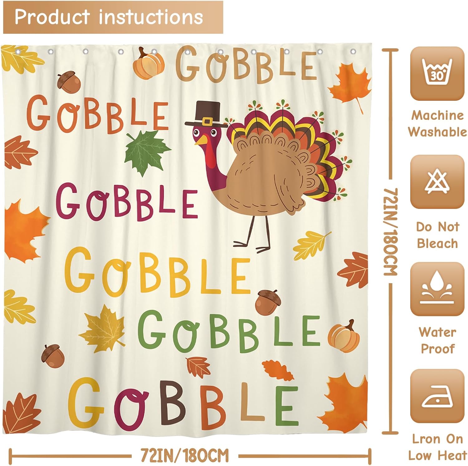 Thanksgiving Shower Curtain Fall Turkey Shower Curtains for Bathroom Autumn Funny Turkey Themed Curtain Sets Fall Thanksgiving Decor 72''Wx72''H with 12 Hooks