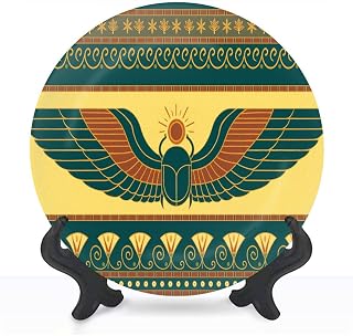 HABEN ARTWORK Decorative Ceramic Plates for Display with Stand, 10" Symbols ancient Egypt an lotus seamless other symbols Dinner Plate for Wall Hanging Tabletop Decor Home Housewarming Gifts