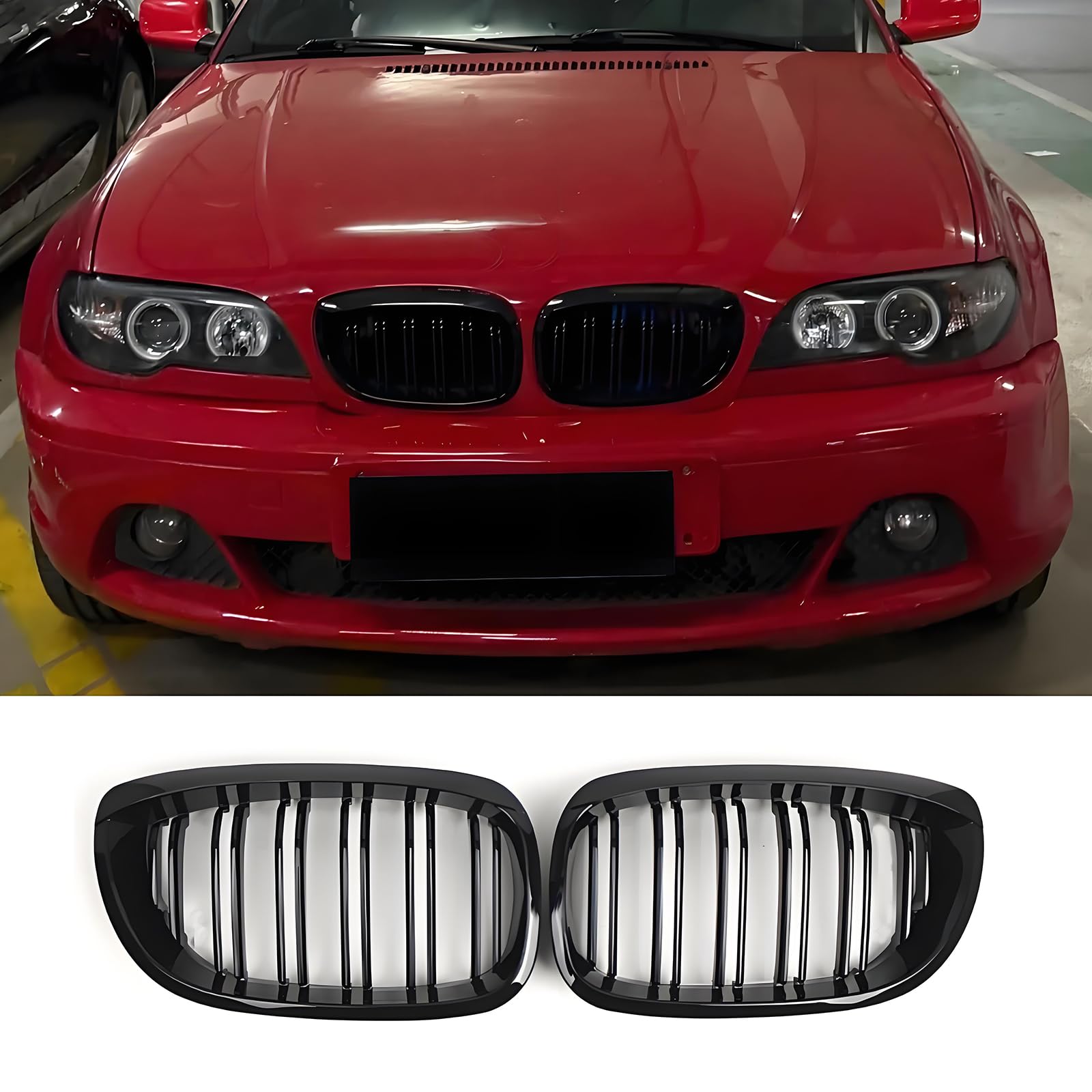 Rejilla de riñón Delantero para BMW 3er E46 4 Puertas 2D 2002-2005 LCI Facelift Parrillas Negro Brillante Listón Doble(No apto para 4 puertas) (For 3er E46 2D 2002-2005 LCI)