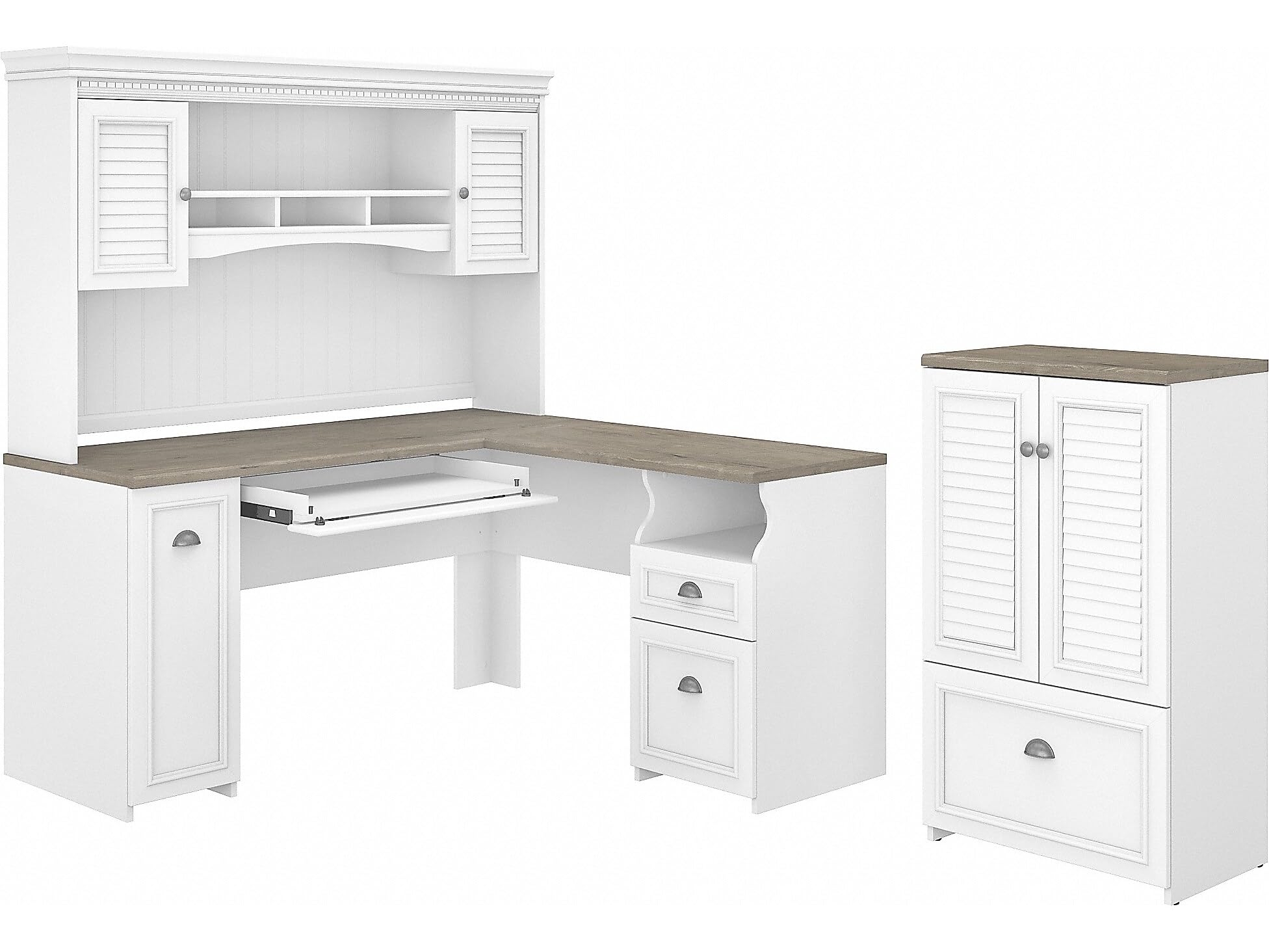 Bush Furniture Fairview 60W L Shaped Desk with Hutch and Storage Cabinet with File Drawer in Pure White and Shiplap Gray