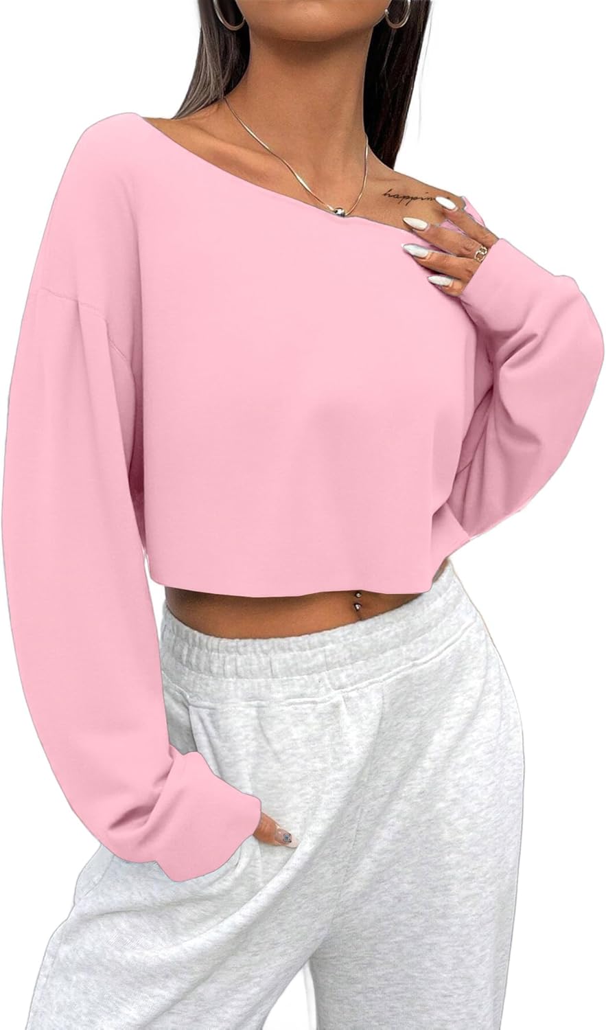 Avanova Women Off The Shoulder Crop Tops Long Sleeve T Shirts Oversized Loose Tee - Image 3