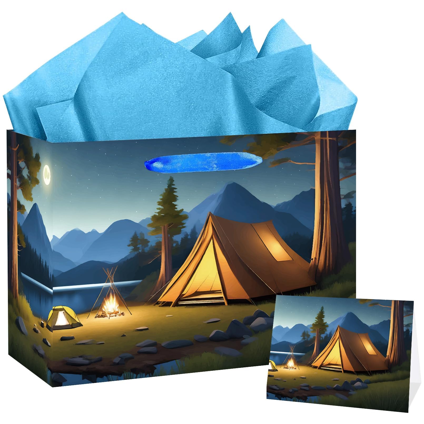 SUNDECO Large Camping Party Gift Bag with Tissue Paper and Greeting Card Camping Theme for Boys Girls Adventure Wrapping Paper Bag Outdoor Birthday