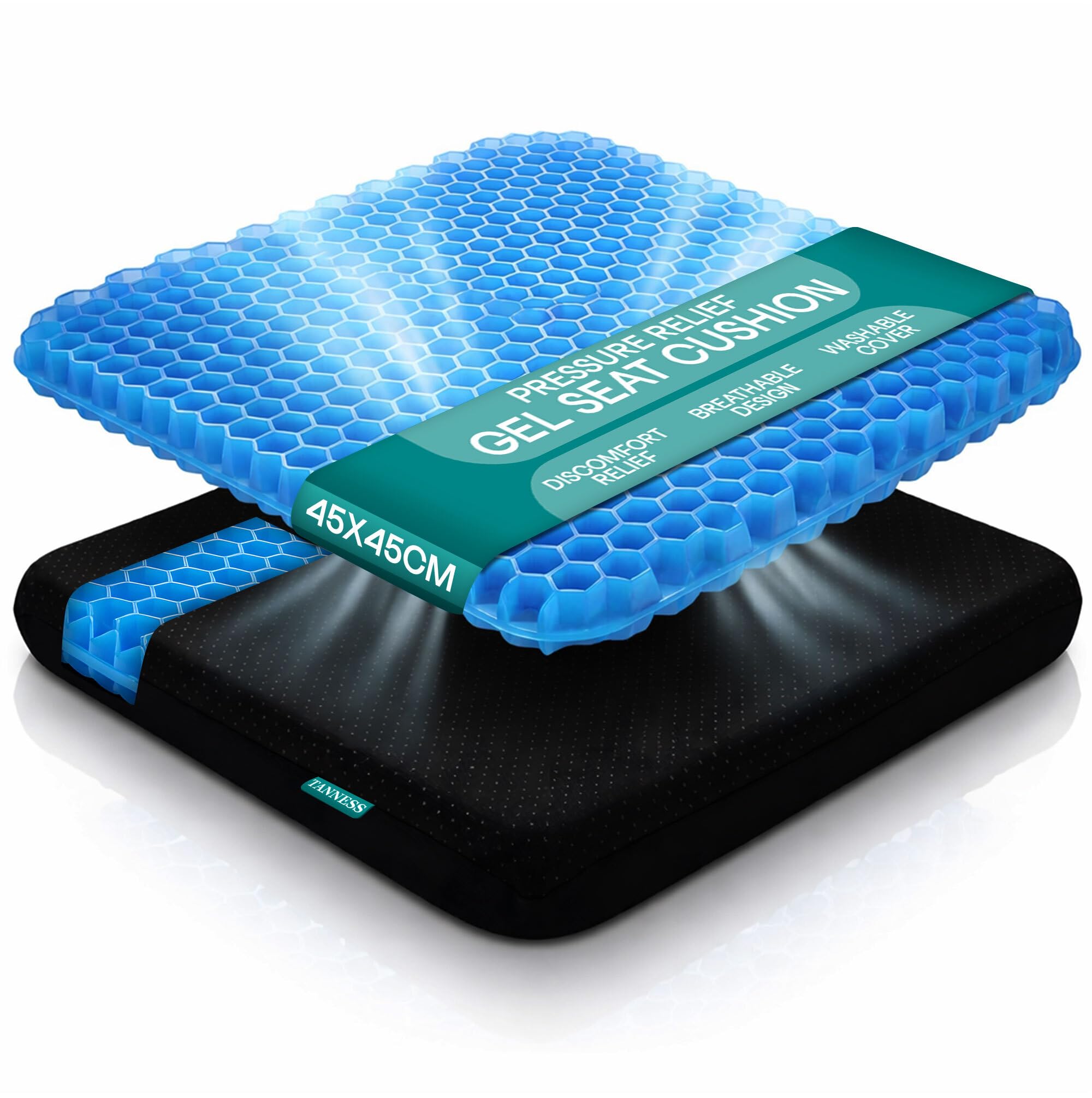 TANNESS - Large Gel Seat Cushion for Long Sitting – 45x45cm, Orthopedic Memory Foam Support Cushion for Sciatica, Tailbone and Hip Pain - Pressure Relief on the Back