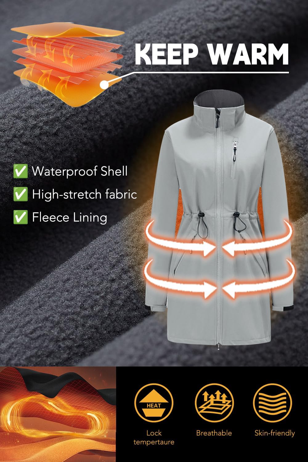 Women’s Softshell Jacket Lightweight Long Rain Coat Hooded Waterproof Windproof Fleece Lined Insulated Windbreaker - Image 3