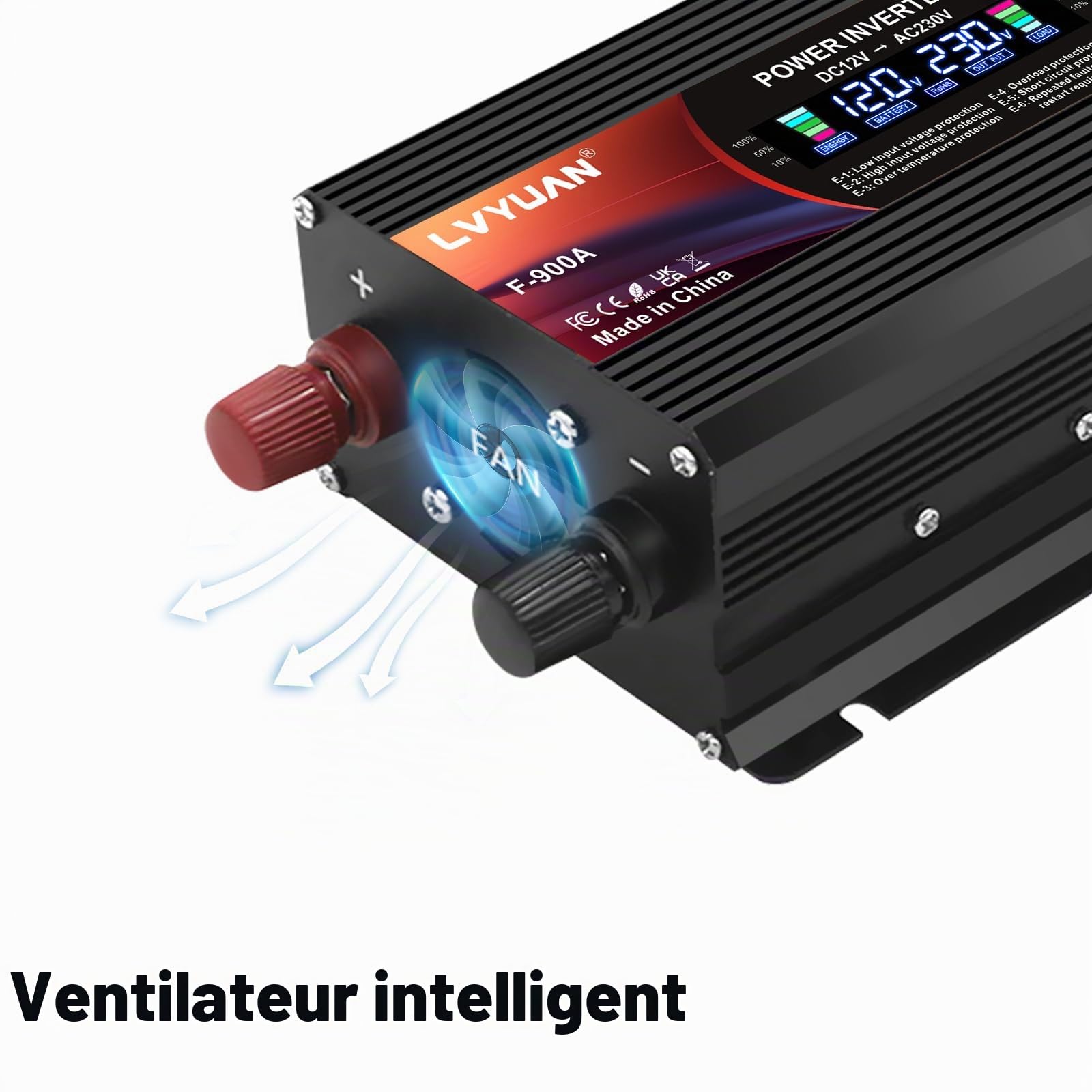 LVYUAN Convertisseur de Tension 12V 220V 900W Onduleur avec Prises UE, 2 USB, Clip Alligator, Allume-Cigare et écran LCD Inverter Peak 1800W