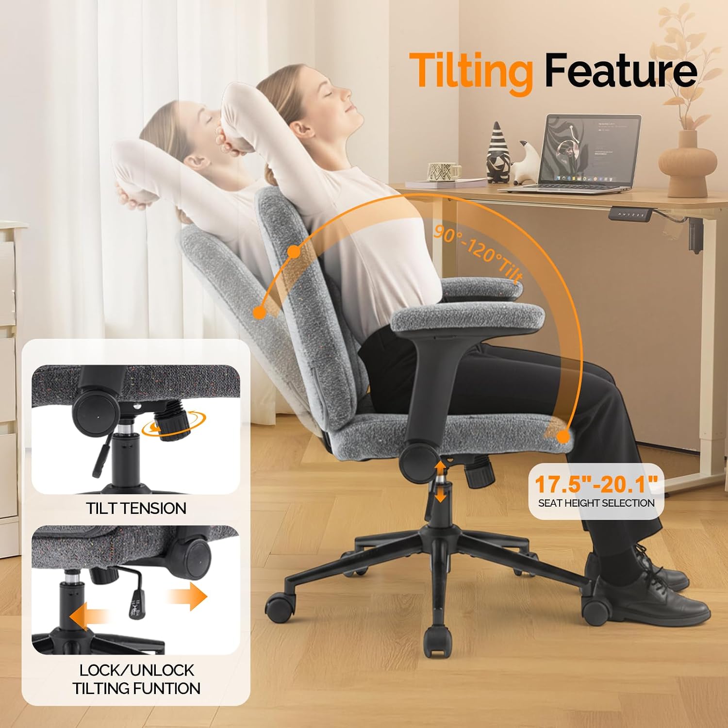 VINGLI Criss Cross Chair with Adjustable Flip-Up Arms,Cross Legged Chair with Wheels,Extra Wide Office Chair,Desk Chair for Home Office,Vanity,Bedroom, Apartment,Starry Chenille,Dark Grey