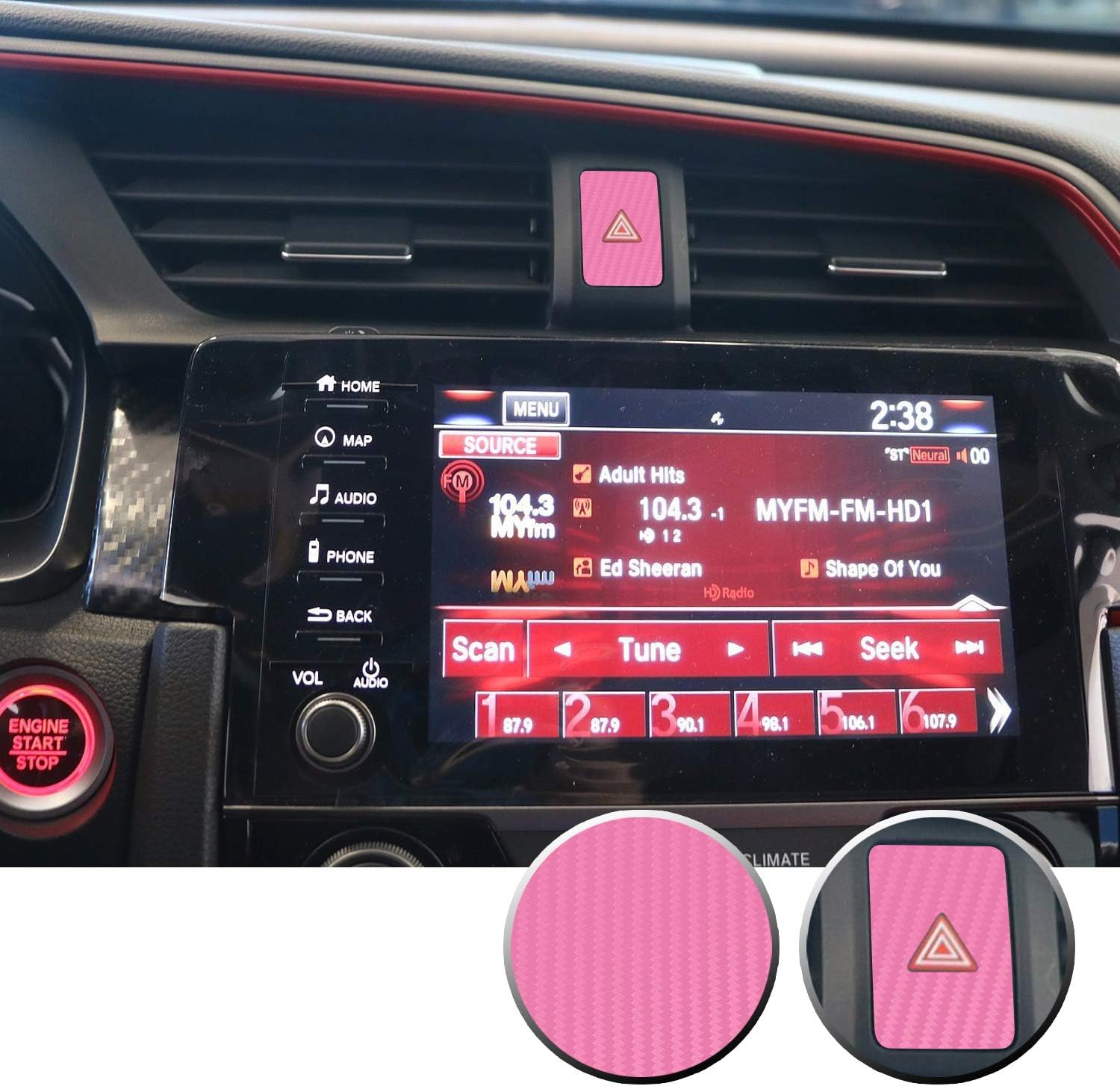 Gomu Hazard Warning Lights Button Switch Vinyl Decal Sticker Trim Overlay Compatible with Honda Civic 2016 2017 2018 2019 2020 - Carbon Fiber Red