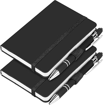 2 Pack Lined Pocket Notebook Small Journal with Black Pen, A6 Hardcover Notebook, 3.7x5.5 Mini Notepad 100Gsm Thick Paper, pen holderBlack