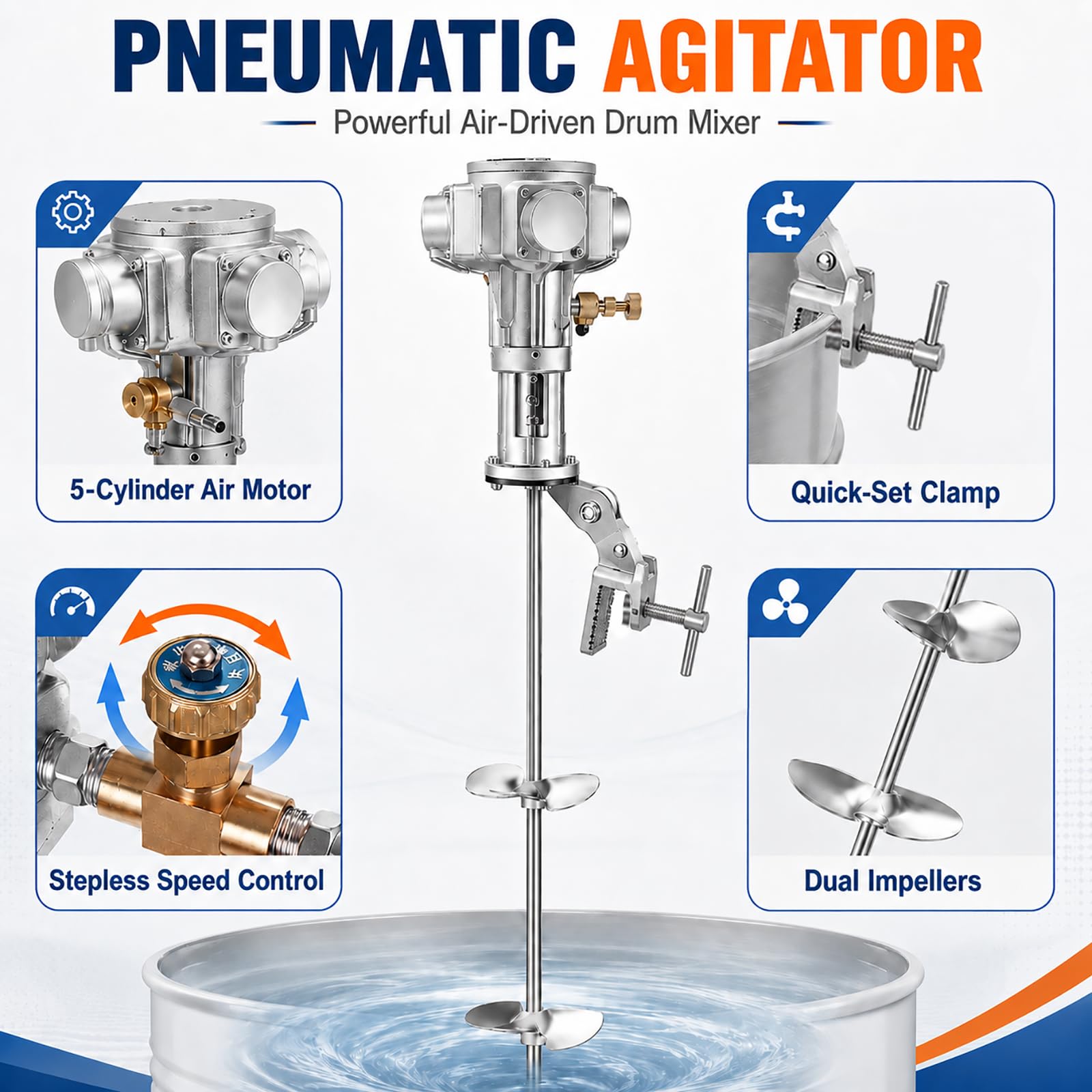 Agitador Neumático para Bidón, Mezclador Industrial de Pintura con Velocidad Ajustable para Químicos Resina y Pegamento 100gallon