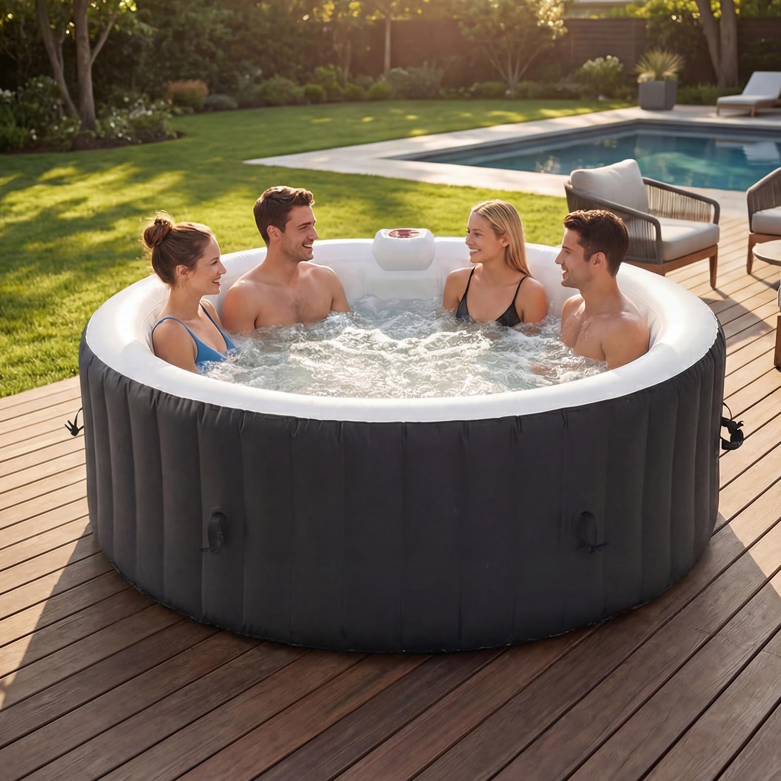 Aoxun Aufblasbarer Spa für 2-4 Personen, mobiler Whirlpool 208x208 cm mit 130 Massagedüsen, tragbare Badewanne mit 1800W Heizung, Abdeckung & Filter, für Garten Terrasse