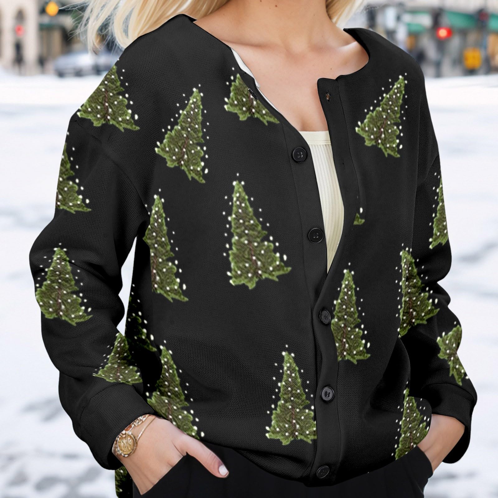Generisch Regenjacke Fahrrad Damen Herbst Winter Weihnachtsbaum Druck Casual Rundhals Strickjacke Langarm Mantel Top