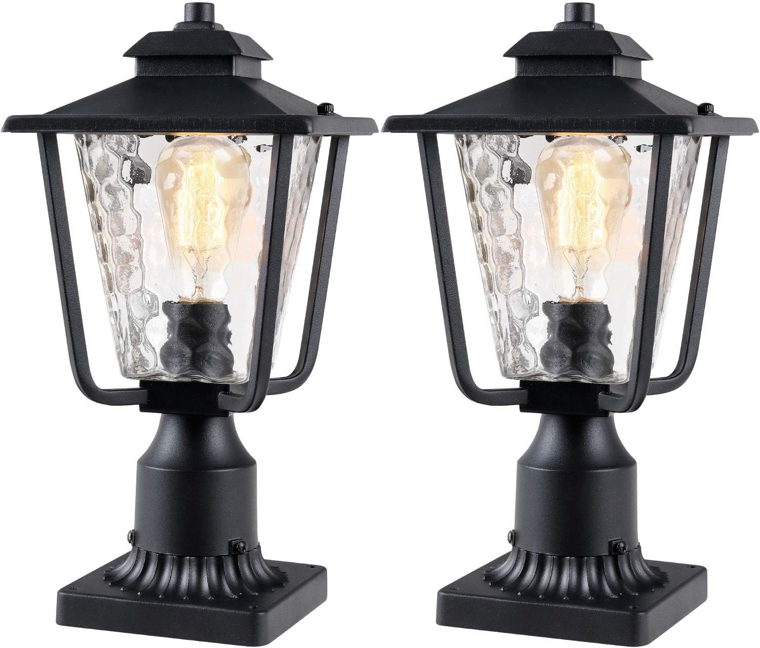 Outdoor Post Light 2 Pack, Outdoor Post Lantern with Pier Mount Adapter (7.9”W x 13.4”H), Pier Light in Sanded Black Finish with Bubble Glass, Lamp Post Mount Lighting Fixture 2145-1G-2PK
