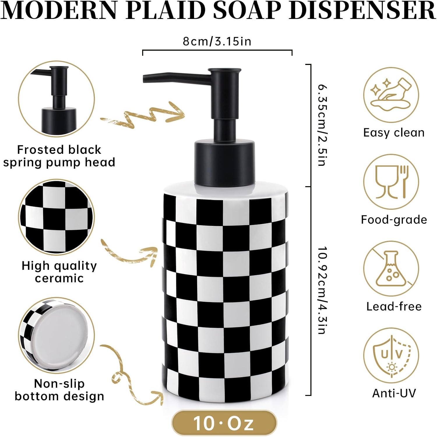 Soap Dispenser with Matte Black Pump, Ceramic Soap Dispenser Bathroom, Checkerboard Dish Soap Lotion Dispenser for Kitchen Sink, Black & White Plaid Refillable Liquid Hand Soap Bottle image 5
