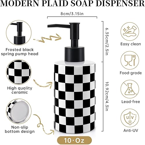 Miniatura 5 de Dispensador de jabón con bomba negra mate, dispensador de jabón de cerámica para baño, dispensador de loción de jabón para platos de ajedrez para
